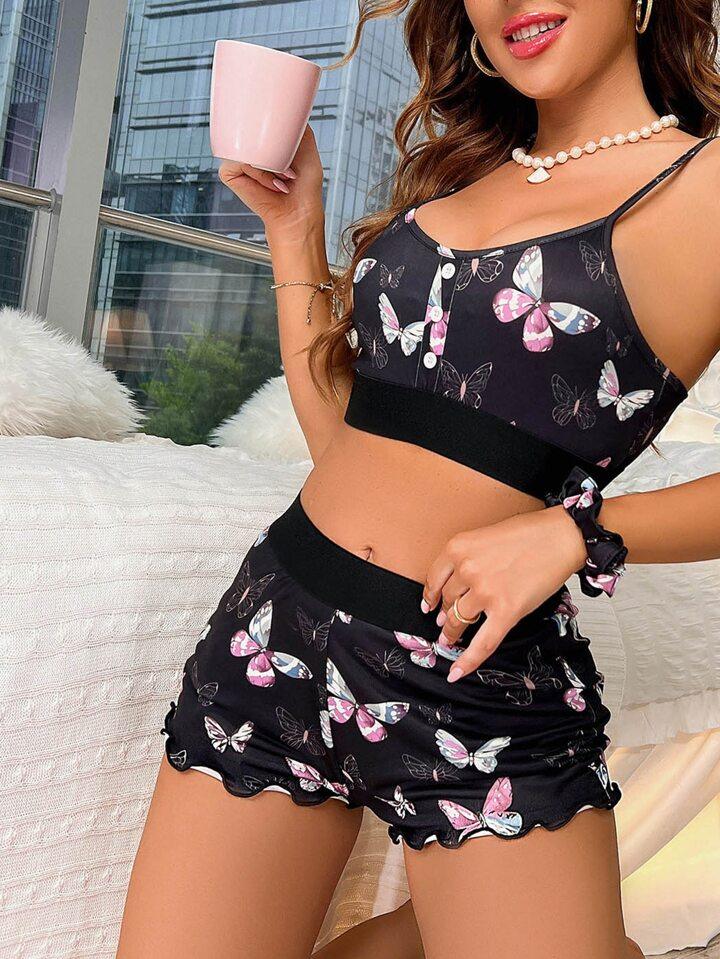 Milk silk butterfly print suspender sexy pajama shorts ultra-thin comfortable pajamas - Secret Garden