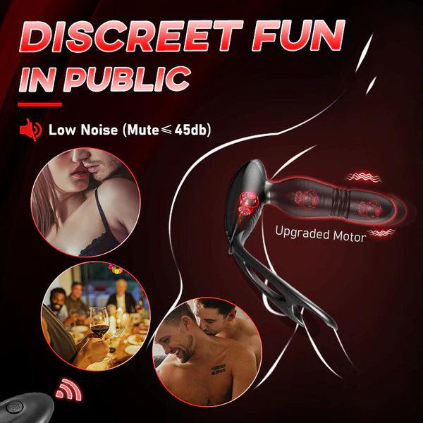 Low Noise 10 Thrusting & Vibrating Double Cock Rings Silicone Prostate Massager - Secret Garden