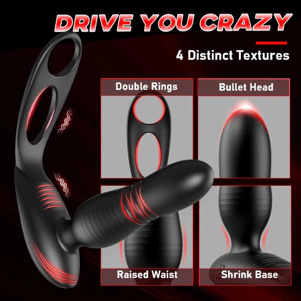 Low Noise 10 Thrusting & Vibrating Double Cock Rings Silicone Prostate Massager - Secret Garden